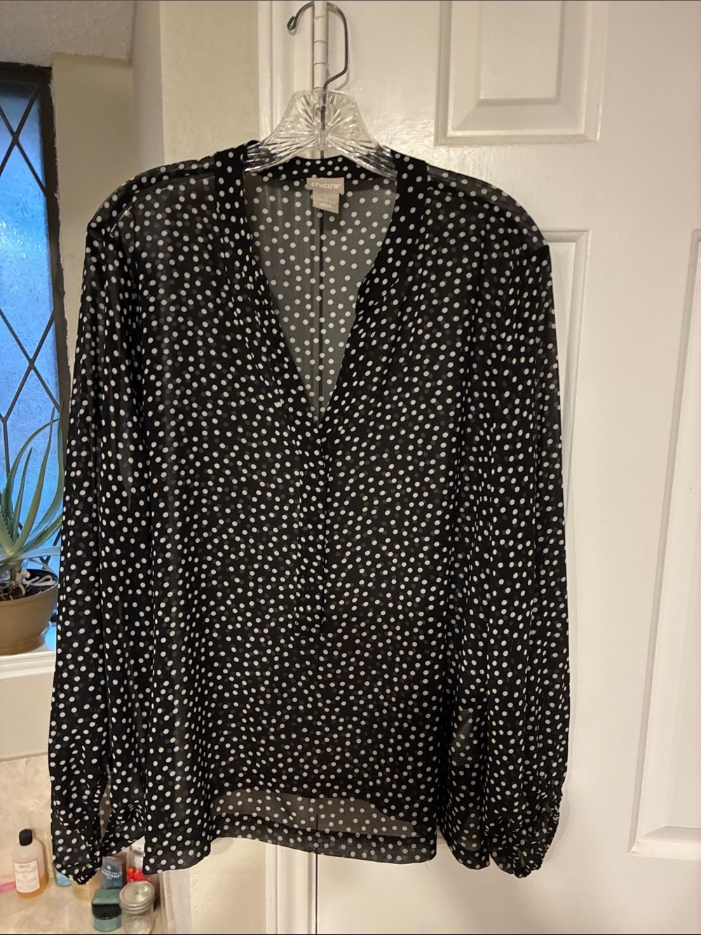 Chico's Black and White Polka Dot V-Neck Blouse